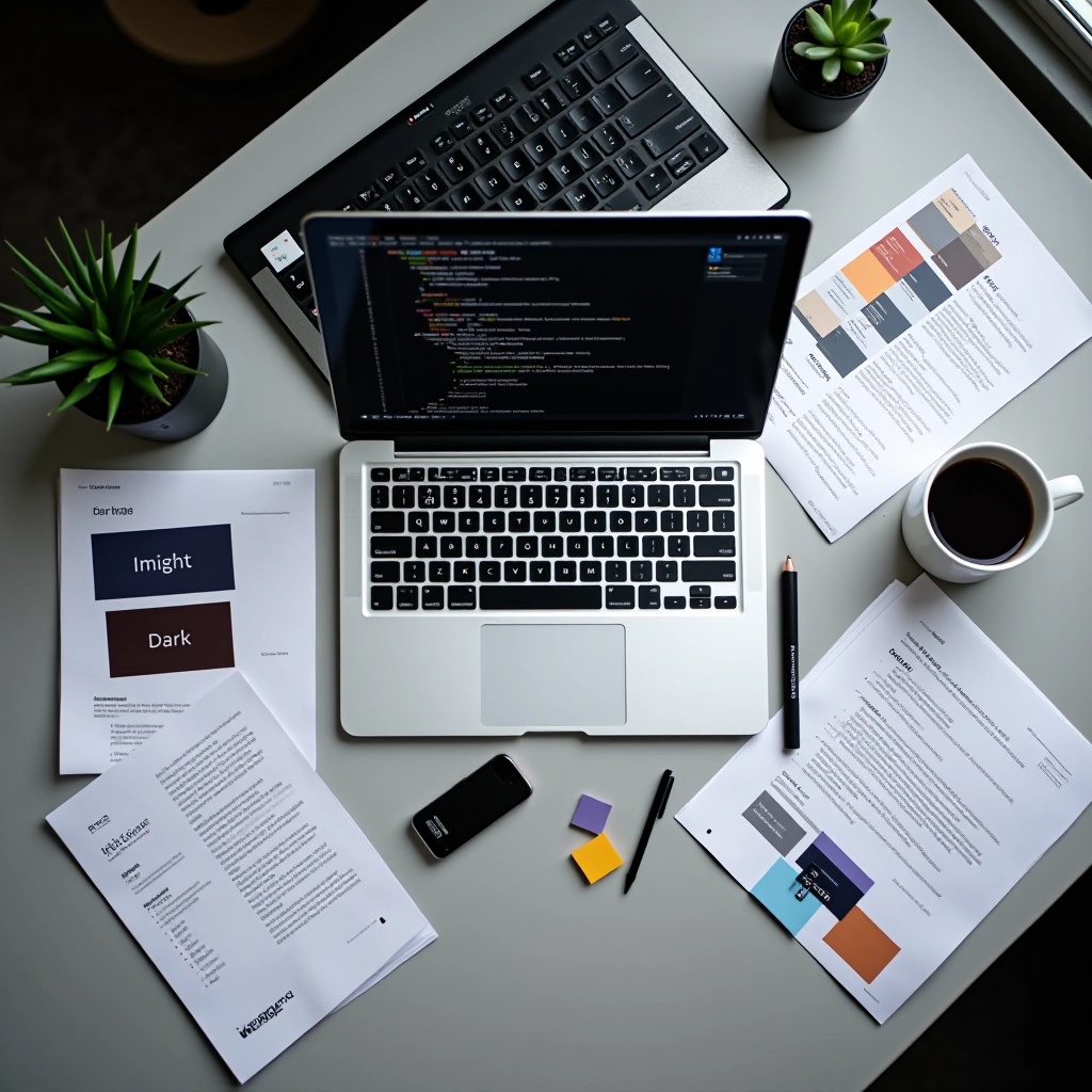Chromatic Studios Editorial Team workspace with research materials, design resources, and documentation spread across a flat lay composition