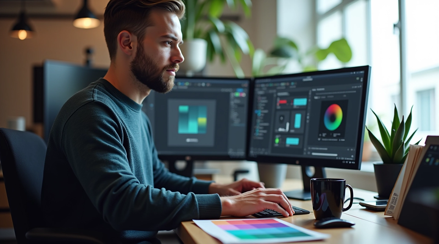 Designer working at desk with color palette samples and design software open on dual monitors