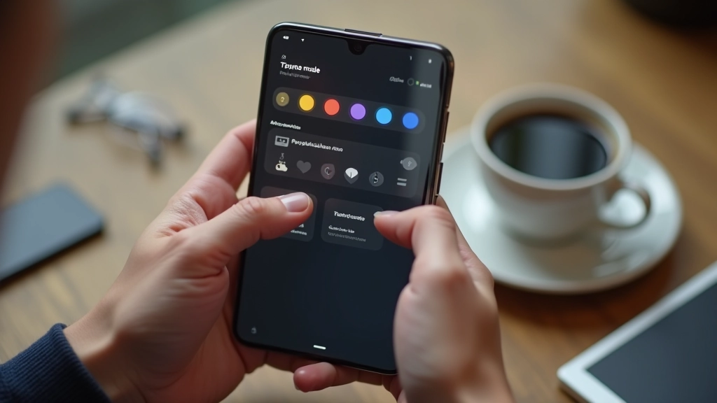 Hands holding smartphone displaying accessible dark mode interface with clear text contrast