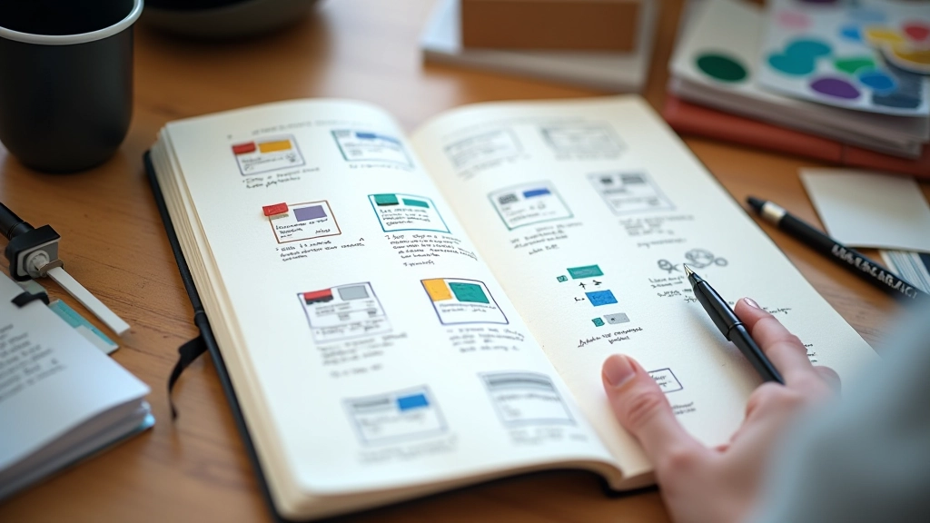 Open notebook with hand-drawn design token sketches and color swatches