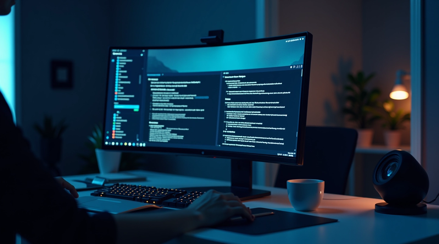 Modern design studio workspace with multiple monitors displaying dark and light theme interfaces